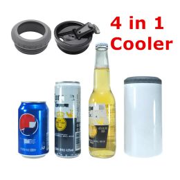 4 in 1 Tumblers Sublimation 16oz Can Coolers White Blank Straight Tumblers With 2Lids Stainless Steel Beer Holders Double Insulated Water Bottles Cups Mugs