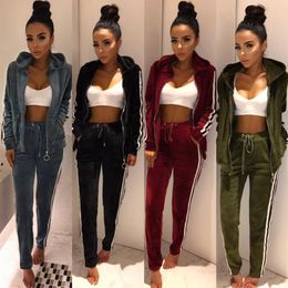 Women's Tracksuits 2017 New Arrival Womens Strip Spliced Velvet Tracksuit Winter Two Piece Set Top and Pants Full Sleeve Casual Velour Swea269o