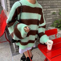 Women's Sweaters Women's Clothing Korean Stripe Knitting Sweater Round Neck Long Sleeves Vintage Casual Fashion Baggy Ladies Tops Autumn 220827