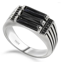 Cluster Rings Male Ring 925 Sterling Silver Men Parallel Zebra Lines Black Zircon Band Punk Style For Party Jewelry Wedding