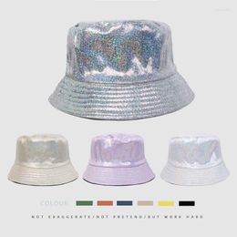 Berets Laser Light Pu Leather Japanese Basin Cap Unisex Double-sided Foldable Outdoor Travel Sunscreen Women's Hats Flat Top Bucket Hat