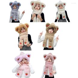 Berets 4-14Y Hooded Scarf With Glove Pocket Bear Ear Hat Head Warmer Fleece Earflap Christmas One Piece Cap