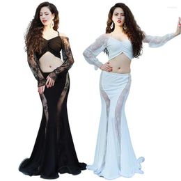 Stage Wear Costume For Oriental Dance Clothes Women Long Sleeve 2 Piece Set Belly Dress Costumes Accessories Elegant Lace White