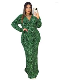 Plus Size Dresses Long For Women High Waist V Neck Full Sleeve Robes Autumn Fashion Leopard Print Streetwear Oversize Maxi Dress