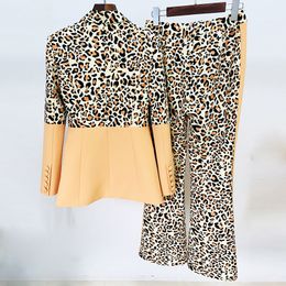 Y042 Women's Two Piece Pants Blazer Pantsuits office look Two Piece Set Leopard Print Ladies Business Single Button Flared Pants Formal Suit