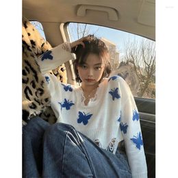 Women's Sweaters Tonngirls Streetwear Crop Top Sweater Women Long Sleeve Print Butterfly Hollow Out Knitted Pullover Korean Style Ladies