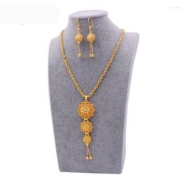 Pendant Necklaces Middle East Dubai Women Earrings Jewellery Set African Bridal Yellow Gold Colour Flower Shaped Gift