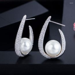 Hoop Earrings Unique Trendy Micro Pave Cubic Zirconia Yellow Gold Color Big Pearl For Women Jewelry