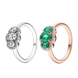 925 Sterling Silver Three Stone Vintage Rings Women Girls Green CZ diamond Party Jewelry for Pandora Rose gold Ring with Original Retail Box