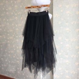 Skirts 2022 Summer Elastic High Waist Slim Mesh Skirt Retro Black Simple Casual Women Irregular A-line Long