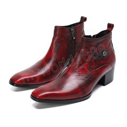 Luxury Handmade Men's Boots Pointed Toe Wine Red Leather Boots for Men Ankle Botas Hombre Party Wedding Boots