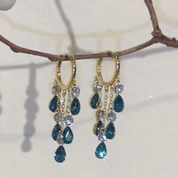 Dangle & Chandelier Vintage Style Blue Colour Crystal Water Drop Gold Plated Buckle Circle Metal Earrings for Women Exquisite Sweet Elegant Earrings