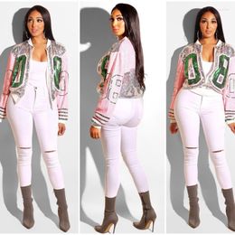 Women's Jackets Women Casual Silver Pink Green 08 Number Sequin Jacket Long Sleeve Zipper Club Party Coat Outwear Loose Sequined Bomber