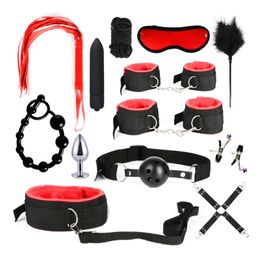 Beauty Items RXJD 13pcs BDSM Restraint Fetish Collar Handcuff Bondage Whip Vibrator Nipple Clips Beads Butt Plug Mouth Gag Kit Adult sexy Toys