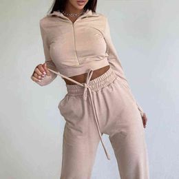 Women's Tracksuits Women Casual Two Piece Sets Cropped Zipper Turn Down Collar Top And High Waist Lace Up Pant Suit Autumn Winter Fashion Tracksuit T220827