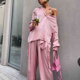 Women's Tracksuits Satin Shirt Trousers Set Woman Two Pieces Oversized Elegant High Waist Wide Leg Pant Suit Female 2022 Spring New Lady Pajamas T220827