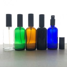 100ml round empty perfume clear glass spray bottle blue green amber with screw mist spray