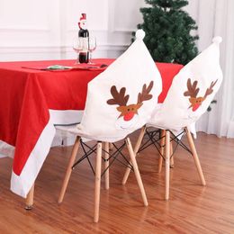 Chair Covers Christmas Cover Dinner Banquet Seat Back Decor Party Cute Elk Print White Santa Hat High Stretch 50 X 60cm D30