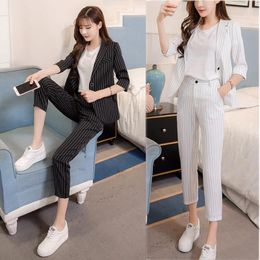 Women's Tracksuits 2 Piece Set Women Slim Small Suit Female Temperament Vertical Stripes Short Paragraph Sleeve Summer Style