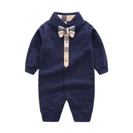 Pagliaccetti primaverili / autunnali Colori bianco / blu scuro Plaid a maniche lunghe Bowknot 100% cotone Tute neonato per bambina 0-24 mesi Pigiama per bambini