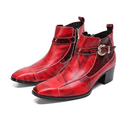 Handmade Men's Boots Pointed Toe High Heels Leather Men Ankle Boots Buckle Red Party Wedding Botas Hombre