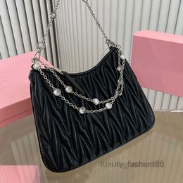 2024shoulder Bags Designer Rhinestone Chain Hobo Pleated Women Crobody Axillary Bag Flap Baguette Sheepskin Leathe Pouch Removable Diamante Stra