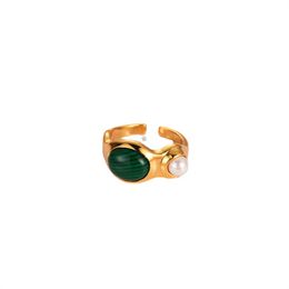 Autumn New Retro Natural Malachite And Pearl Ring Female Personality Fashion Simple Opening Adjustable Accessories