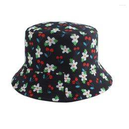 Berets Cherry Flower Design Bucket Hat Women Fashion Summer Sun Hats Reversible Bob Chapeau Femme Floral Panama Men Fisherman Cap