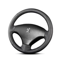 custom black leather hand sewn steering wheel cover car interior For Peugeot 05-07 206 / 09-13 207