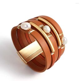 Charm Bracelets Amorcome Vintage Natural Pearls Beads Leather Wrap For Women Girls Metal Tube Bangle Jewellery