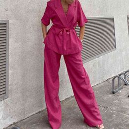 Women's Tracksuits Dark Pink Trousers Suit Women Lace-Up Sashes Half Sleeve Zip Blazers And Wide Pants Oversized Suit Pantsuits 2 Piece T220827