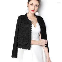 Women's Suits Elegant Women Lace Thin Coats Autumn O Neck Long Sleeve Hollow Out Female Jackets French Slim Short Cardigan Outwear Black