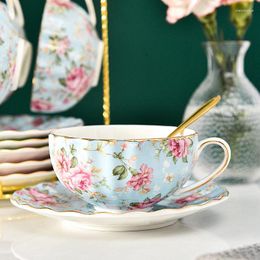 Mugs 5 Colors Bone China Coffee Cup Saucer Spoon One Set Flower Tea European Porcelain And For Mug Gift
