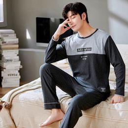 Men's Sleepwear 100 Cotton Men Pyjama Sets Plus Size 3XL Causal Loose Long Sleeve Long Pants Letter Print Patchwork Lounge Set Male Pyjamas 220827