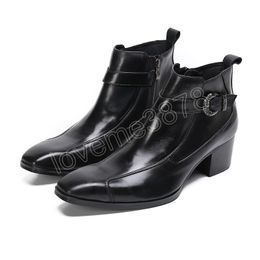 Black Ankle Boots Square Toe Men High Heels Genuine Leather Botas Mens Shoes Dress Party Wedding