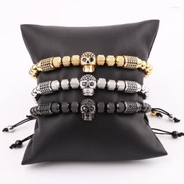 Strand Design Skull Bracelet Men Jewelry Gold Plated Stainless Steel CZ Pave Charm Macrame Adjustable