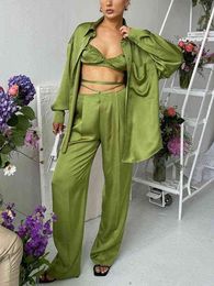 Women's Tracksuits Women Three Pieces Summer Pants Set Bodycon Bra And Long Sleeve Shirts Tracksuits 2022 Fashion Female High Waist Trouser Suits T220827