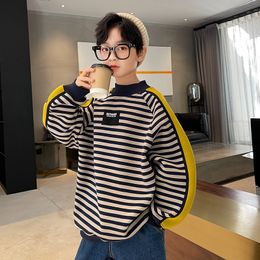 Hoodies Sweatshirts Teen Boys Striped Sweatshirt Autumn Winter Long Sleeve Tops Children Plus Velvet Bottoming Shirt Kids Pullover 5 6 8 10 12 14 Y 220829