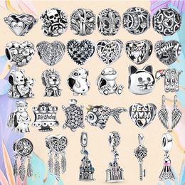 925 Silver bead fit Charms Pandora Charm Bracelet Openwork Vintage Charm Retro Heart Oxidation Round charmes ciondoli DIY Fine Beads Jewellery