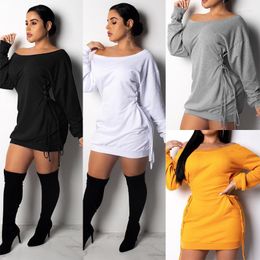 Casual Dresses Zaggin 2022 Autumn Women Solid 4-color Skinny Mini Dress Off-the-Shoulder Full Sleeve Corns Lace-up Waist-Controlled