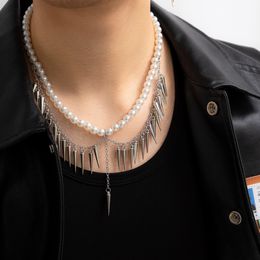 Choker Fashion Necklace For Men Double Layer Thick Chain Geometric Shape Imitation Pearls Cone Pendant Chain Choker Punk Party
