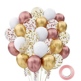 Party Decor 12"Rose Gold Confetti Latex Balloons White Metallic Gold Balloons Ribbon for Graduation Birthday Wedding MJ0780