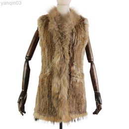 Women's fur New Fashion Knit Rabbit 80Cm Long Style For Women Raccoon Collar Trim Fur Vest pocket Decoration L220829