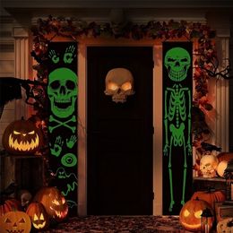 Other Event Party Supplies Halloween Outdoor Decorations Luminous Skeleton Door Banner Glow in Dark Porch Sign for Halloween Indoor Outdoor Porch Decor 220829