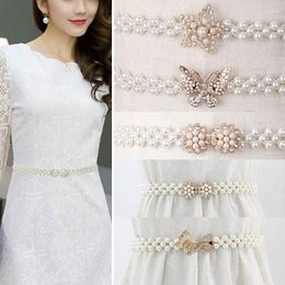 Belts Fashion Imitation Pearl Waist Belt Chain Women Elegant Gold Color Rhinestone Bowknot Buckle Clothing Accessories