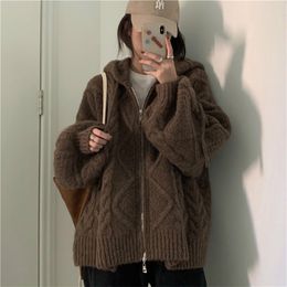 Women's Fur Faux Fur Women Autumn Winter Oversize Knitted Cardigan Casual Hooded Twist Sweater Zipper Long Sleeve Crochet Outerwear 220826