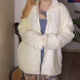 Women's Jackets Women Y2K Harajuku Fuzzy Fluffy Coat Embroidered Long Sleeve Oversized Zipper Jacket Fall Winter Warm Cardigan Outerwear