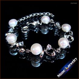 Bangle Wholesale 8-9mm Crystal & Genuine Freshwater Pearl Chain Adjustable Bracelet 8"