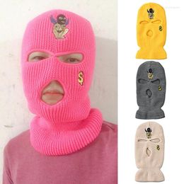 Berets 3-Hole Knitted Full Face Cover Fashion Embroidery Adult Balaclava Winter Sports Warm Ski Mask Beanies Hat