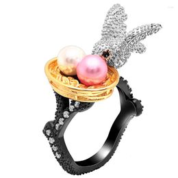 Wedding Rings UFOORO Golden Bird's Nest Silver Bird Cute Round Eggs Created Black Ring Nutural Style Jewelry For Women Bijoux Anillo